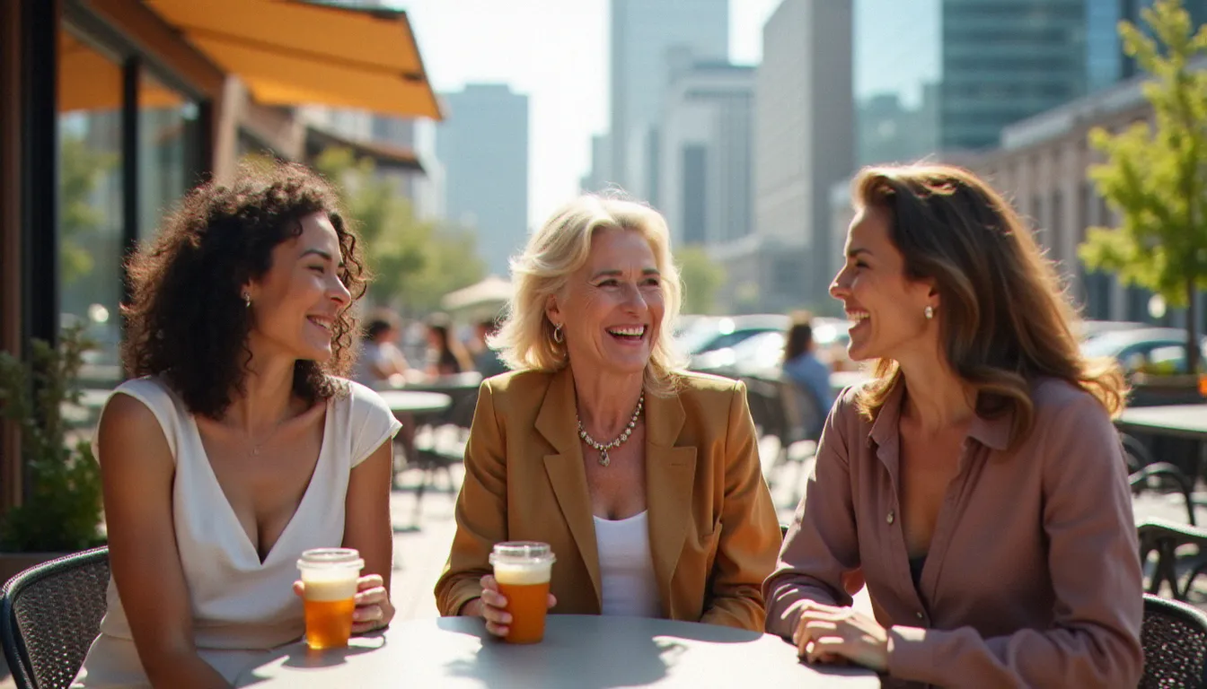 Groupe de femmes épanouies d'une quarantaine d'années en terrasse dans une ville d'Amérique du Nord, illustrant la liberté et la confiance dans les rencontres cougar