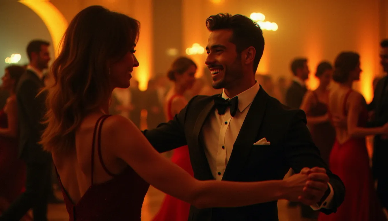 Jeune homme sud-américain au regard assuré invitant une femme mûre élégante à danser la salsa lors d'une soirée latina à Paris, symbolisant l'attraction des hommes latinos pour les femmes d'expérience