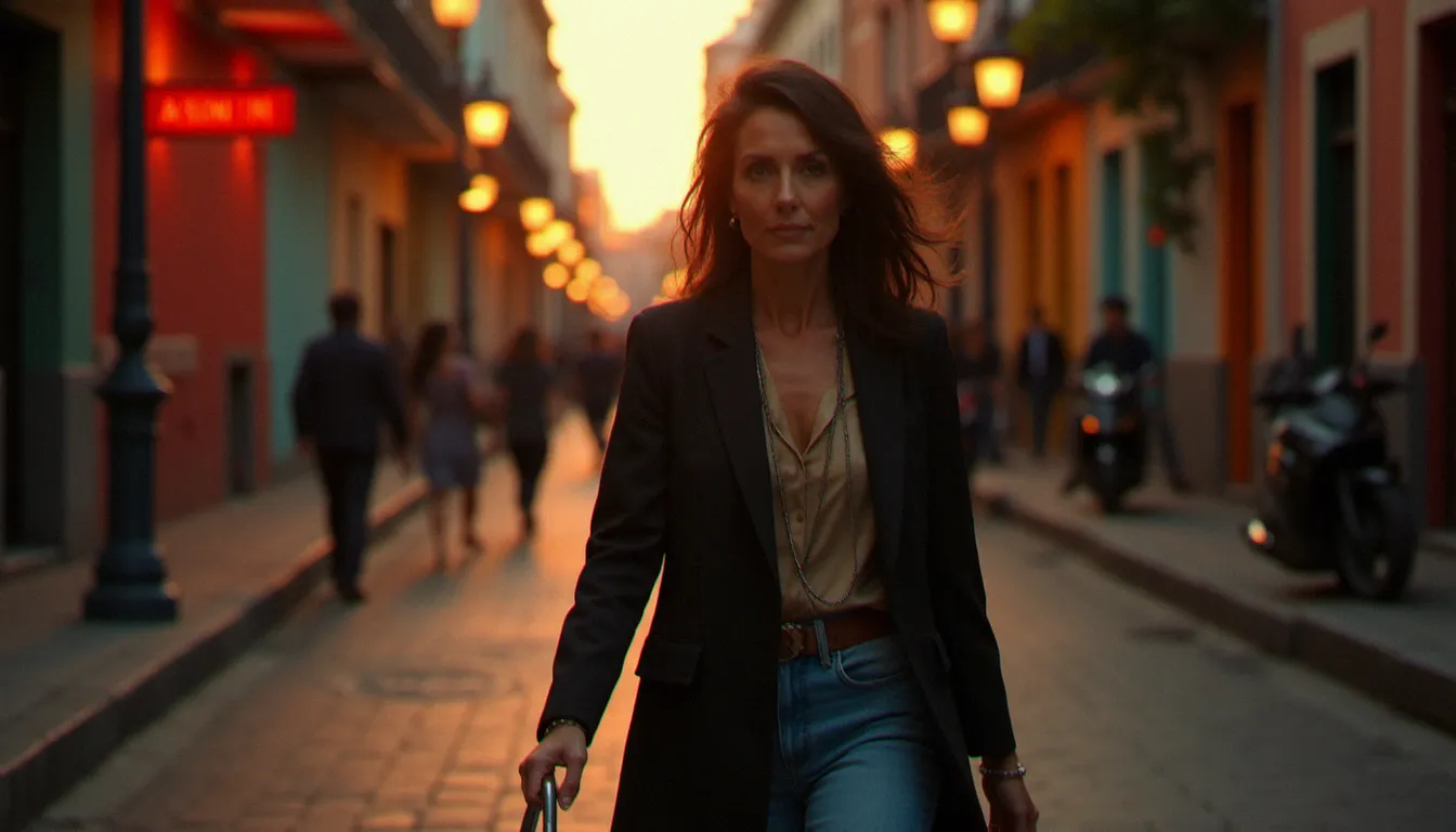 Femme mûre et élégante se promenant seule au crépuscule dans les rues colorées de Buenos Aires en Amérique du Sud, incarnant la liberté et la séduction des voyageuses cougar