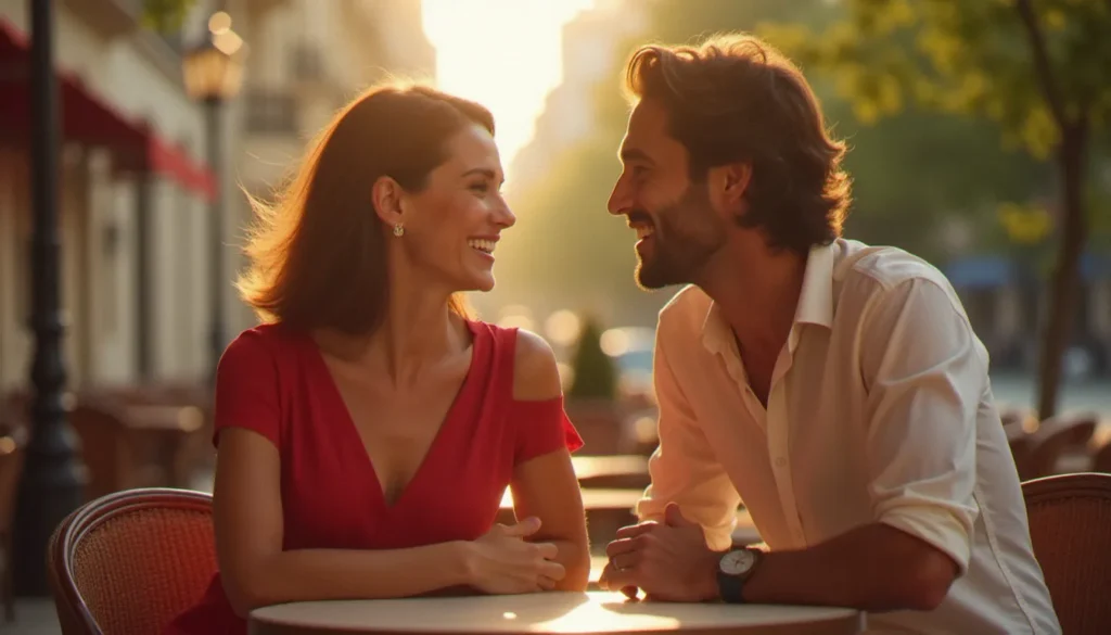Femme mûre élégante et homme jeune d'origine latino-américaine partagent un moment complice dans un café parisien ensoleillé, illustrant les rencontres cougar inspirées de l'Amérique du Sud