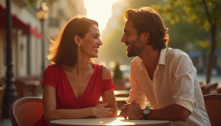 Femme mûre élégante et homme jeune d'origine latino-américaine partagent un moment complice dans un café parisien ensoleillé, illustrant les rencontres cougar inspirées de l'Amérique du Sud