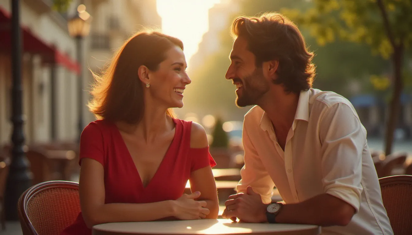 Femme mûre élégante et homme jeune d'origine latino-américaine partagent un moment complice dans un café parisien ensoleillé, illustrant les rencontres cougar inspirées de l'Amérique du Sud