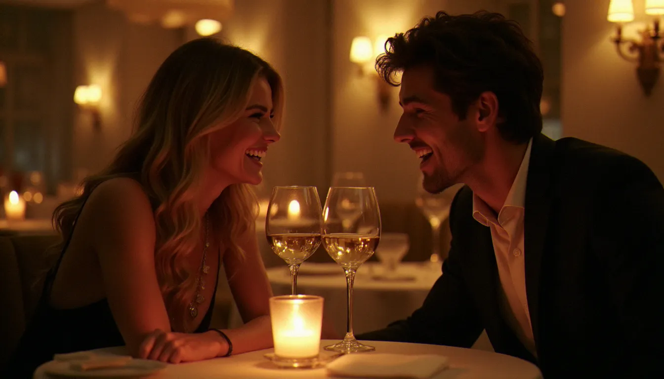 Femme mûre et jeune homme lors d'un premier rendez-vous romantique dans un restaurant parisien, rencontre organisée via une api a cougar