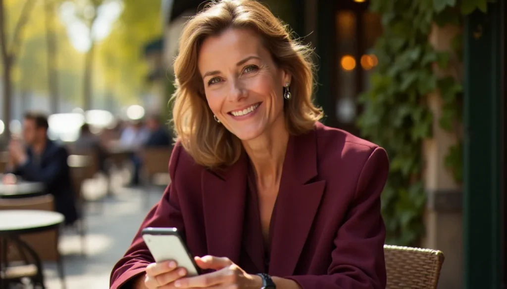 Femme mûre élégante à Paris utilisant une api a cougar sur son smartphone en terrasse de café parisien