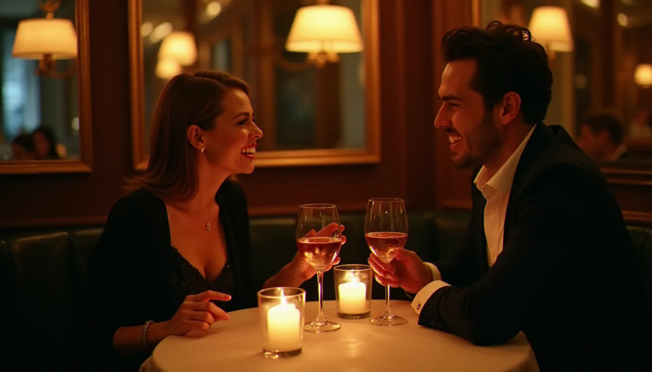 Une femme mûre et un homme plus jeune lors d'un premier rendez-vous cougar dans un bistrot parisien intime, rencontre organisée via une api c dédiée