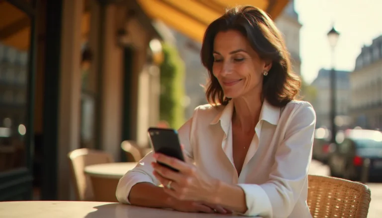 Une femme cougar élégante de la quarantaine utilisant une api c de rencontres cougar sur son smartphone dans un café parisien ensoleillé