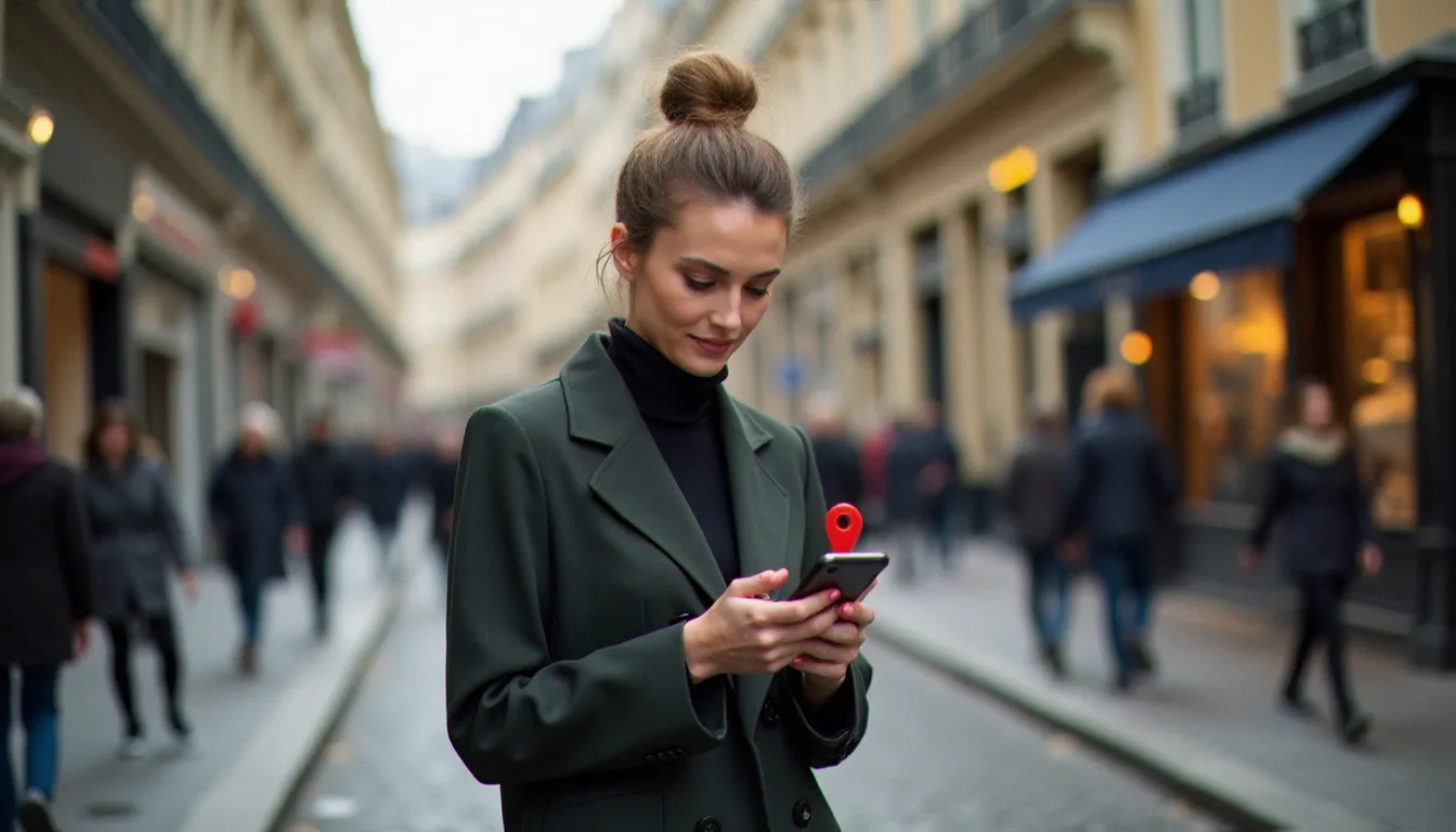Femme de 45 ans consultant les fonctionnalités de géolocalisation de l'api g sur son téléphone dans une rue parisienne