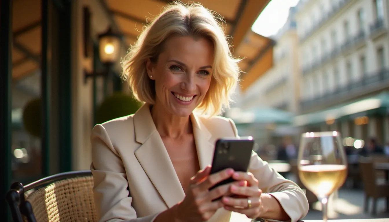 Femme mûre élégante et souriante utilisant l'api g sur son smartphone dans un café parisien ensoleillé pour ses rencontres cougar