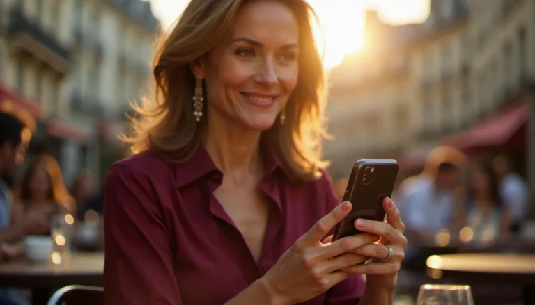 Femme mûre élégante et souriante utilisant une api s de rencontres cougar sur son smartphone dans un café parisien au soleil couchant
