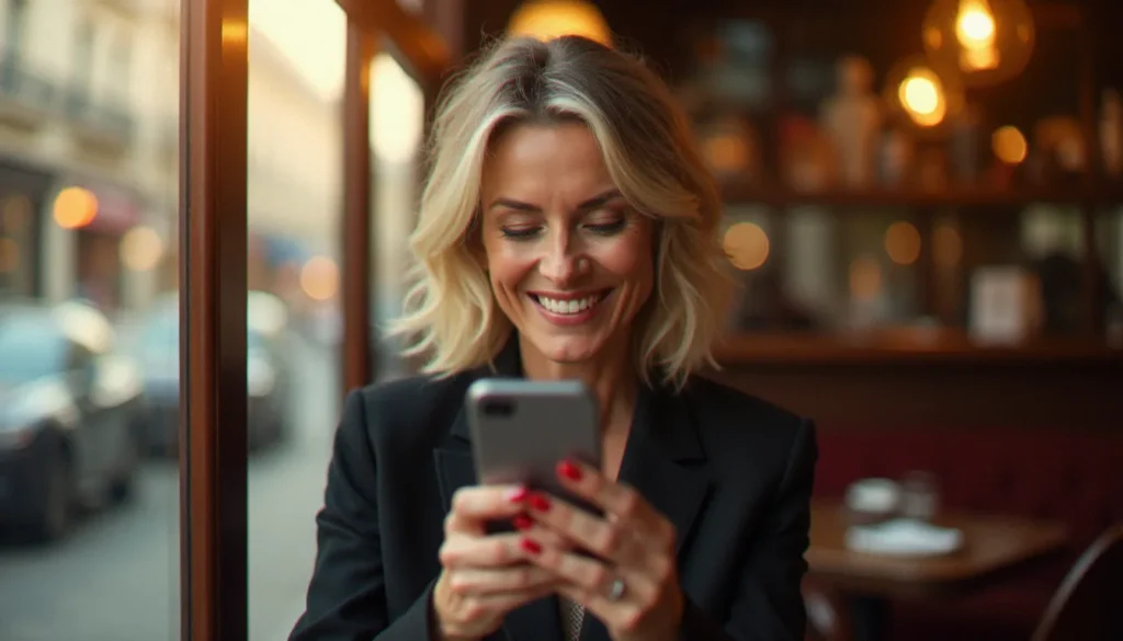 Femme mûre élégante dans un café parisien utilisant une application de rencontres sur son téléphone, illustrant l'api u pour les rencontres cougar