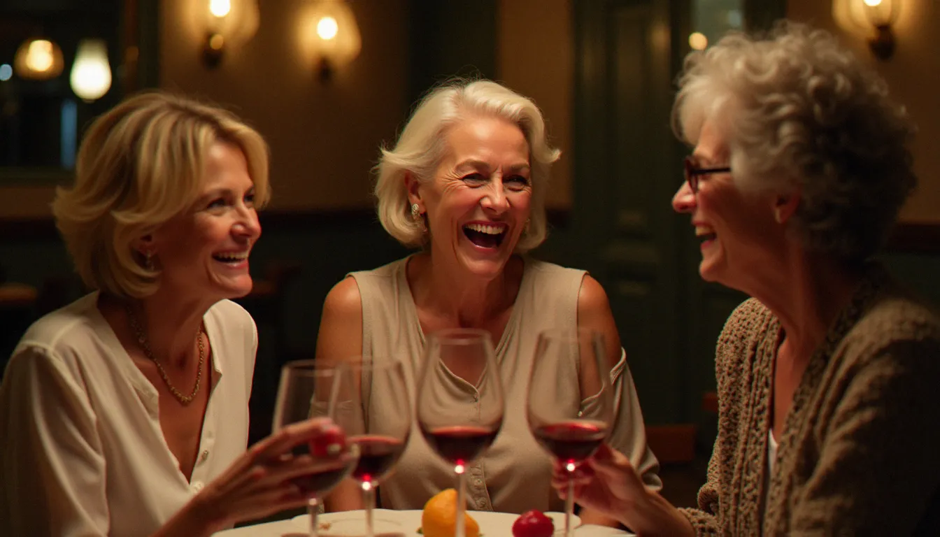 Trois femmes françaises épanouies dans la quarantaine partageant un moment de complicité dans un bar parisien, représentant le profil cougar moderne et assumé