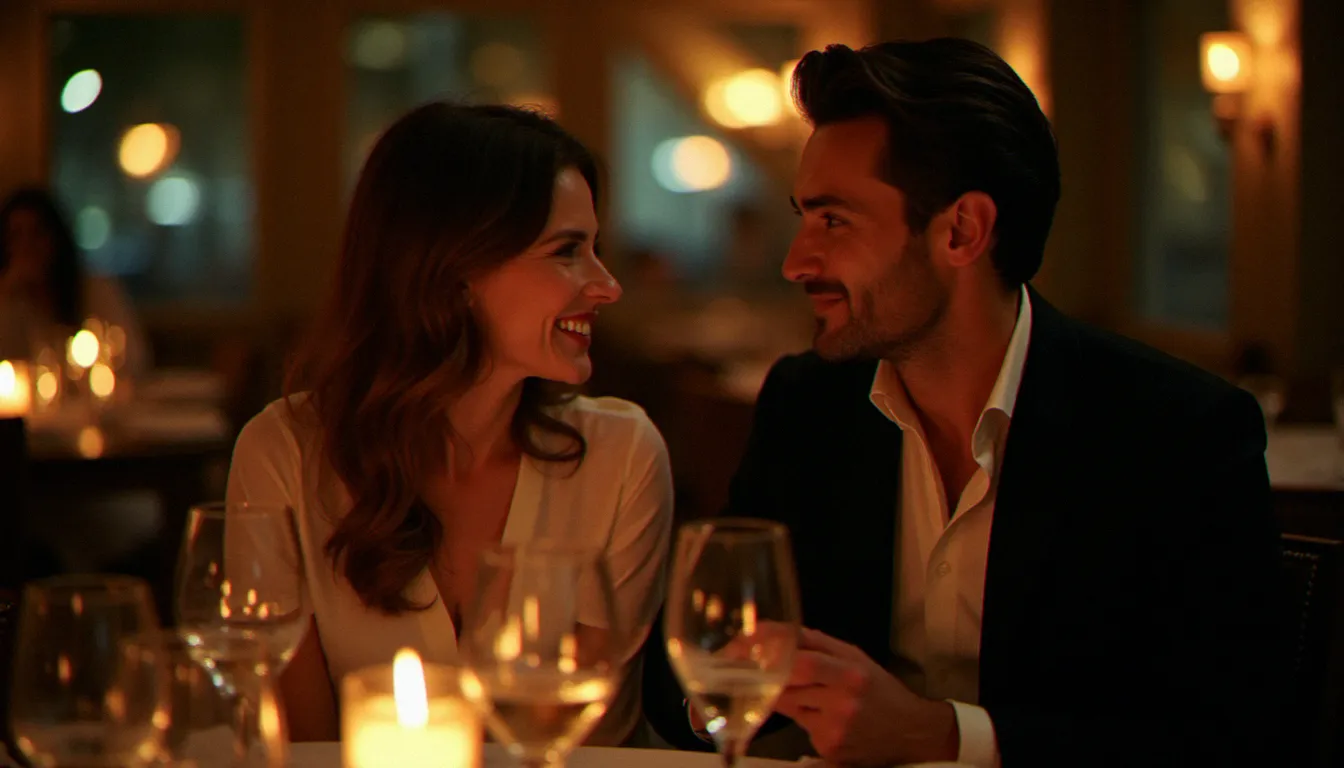 Femme mûre et homme plus jeune en conversation complice et chaleureuse dans un restaurant parisien raffiné, illustrant l'attraction authentique d'une relation cougar épanouie