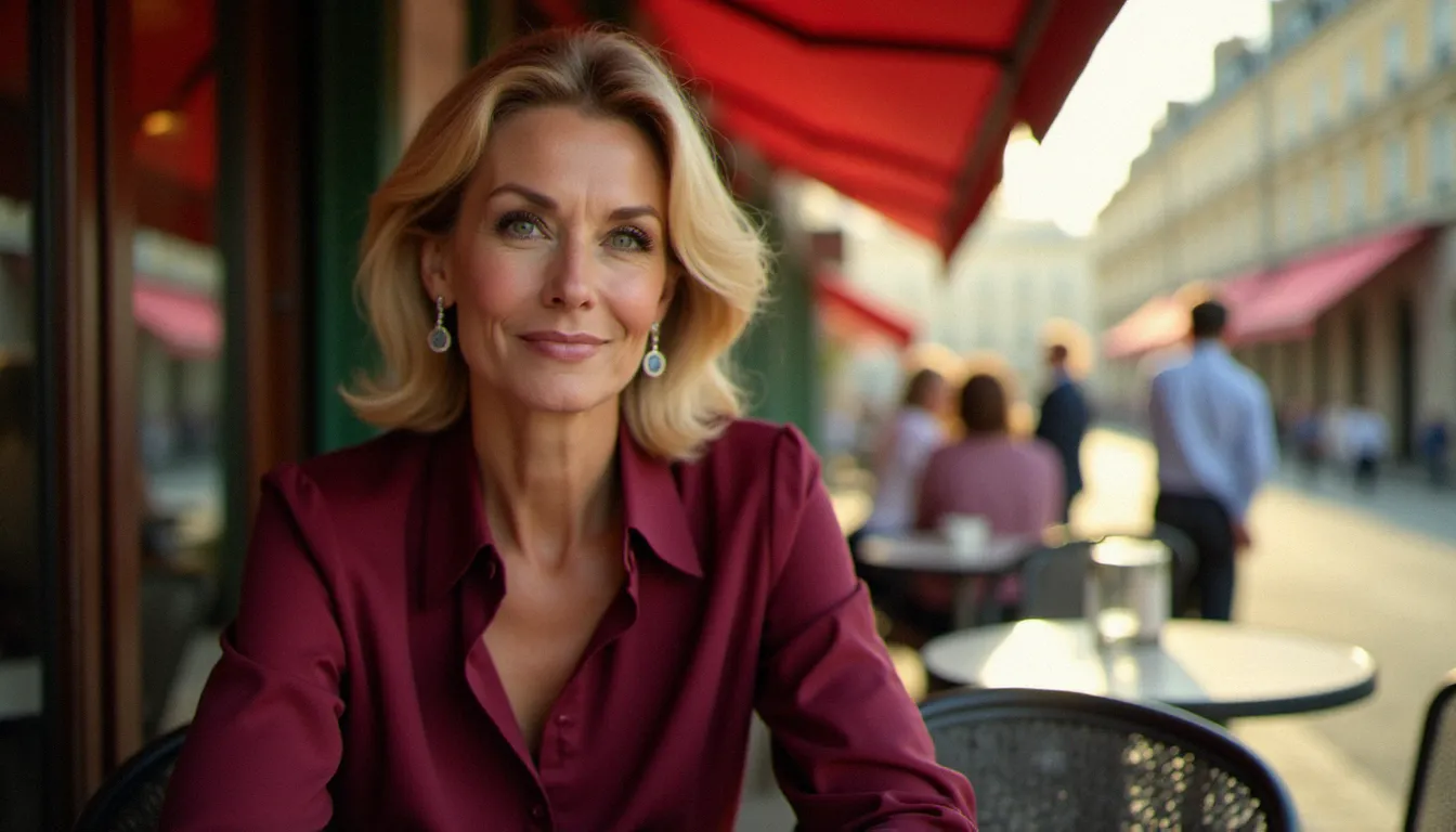 Femme mûre élégante et confiante assise en terrasse d'un café parisien, incarnant le charme et l'assurance d'une femme appelée lion montagne cougar