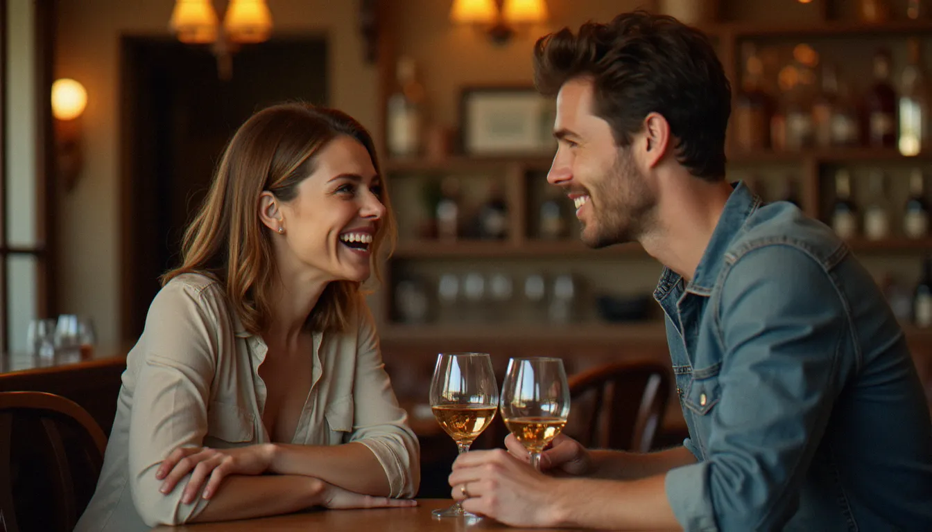 Femme cougar et homme jeune en conversation intense dans un bar à vins d'une cité annexe ii, complicité visible et atmosphère chaleureuse