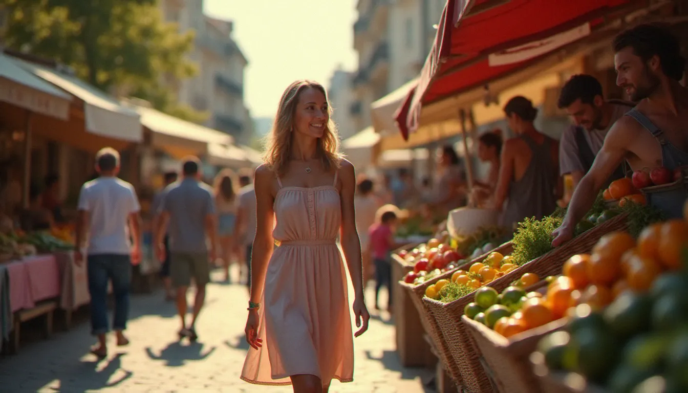 Femme mûre épanouie explorant un marché local dans une cité annexe ii, rencontre naturelle avec un homme jeune dans un cadre provincial animé