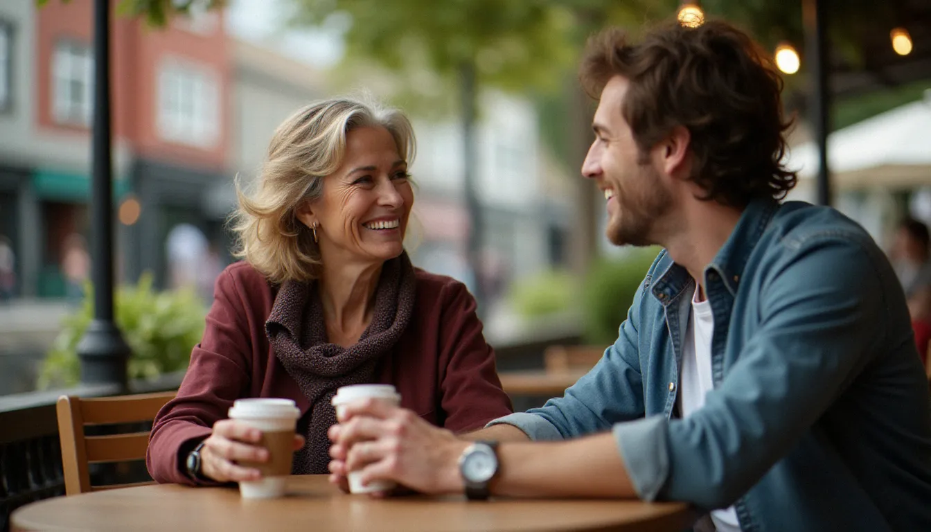 Femme mûre et jeune homme complices autour d'un café en terrasse à Montréal, illustrant la dynamique des rencontres cougar canada