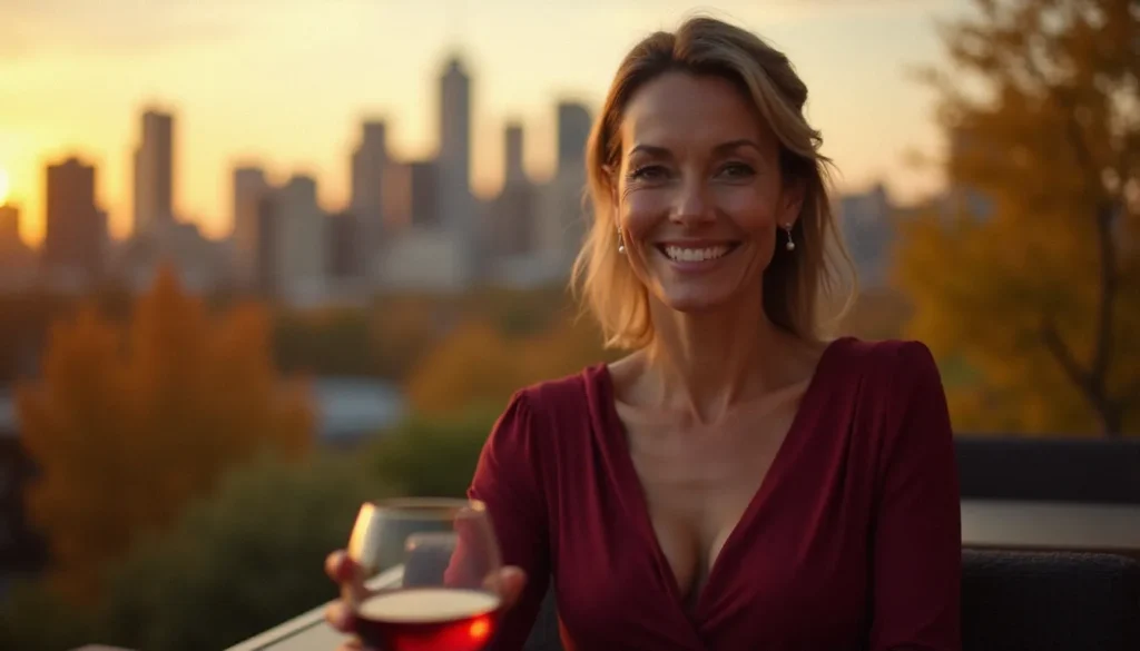 Femme mature et séduisante assise dans un bar branché de Montréal au coucher du soleil, incarnant le style cougar canada couguar cougouar