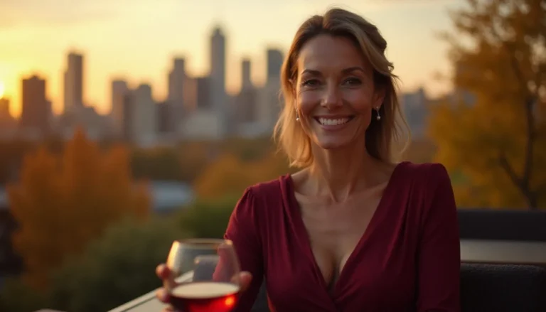 Femme mature et séduisante assise dans un bar branché de Montréal au coucher du soleil, incarnant le style cougar canada couguar cougouar