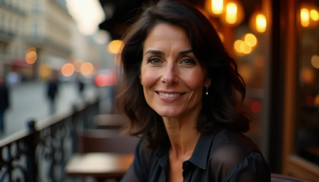 Femme mûre élégante et confiante attablée dans un café parisien au coucher du soleil, incarnant la séduction cougar canada à la française