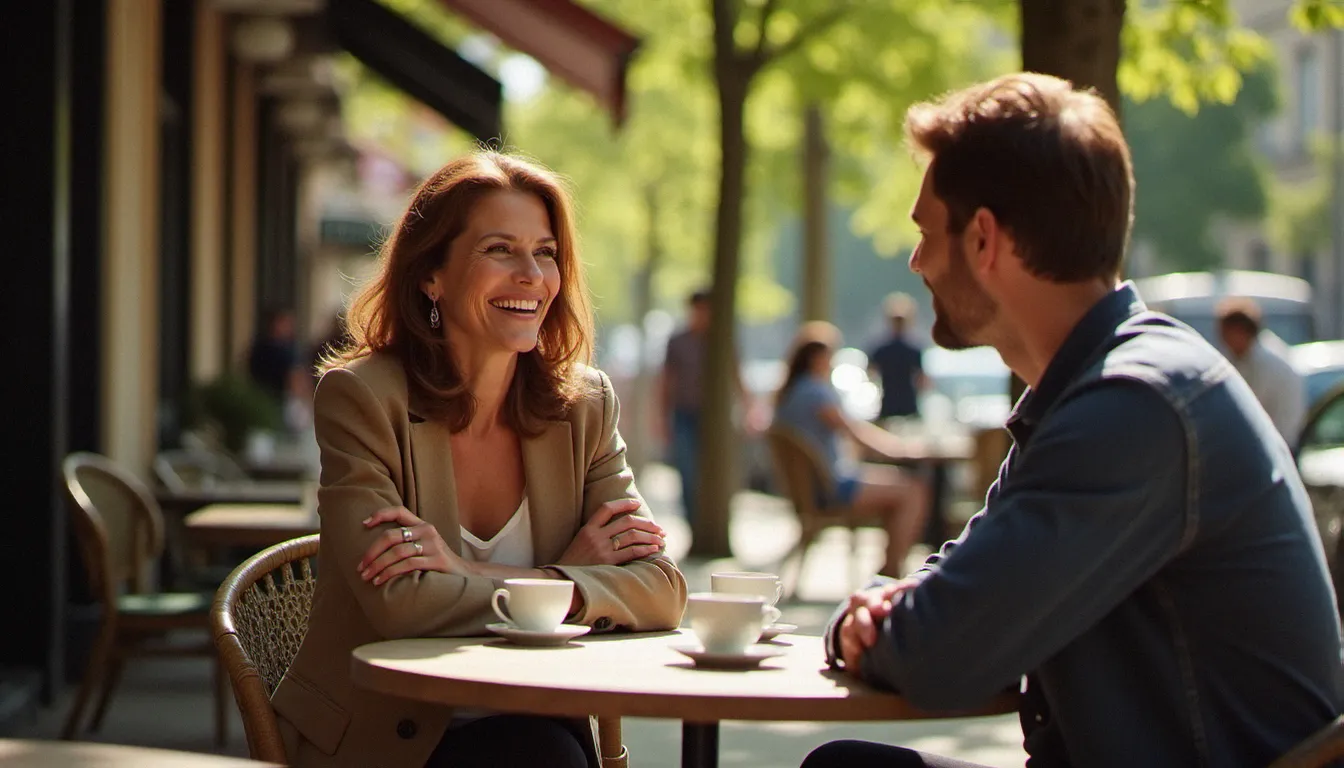 Femme cougar épanouie en conversation complice avec un homme plus jeune dans un café parisien animé, illustrant l'authenticité d'une rencontre lion montagne cougar