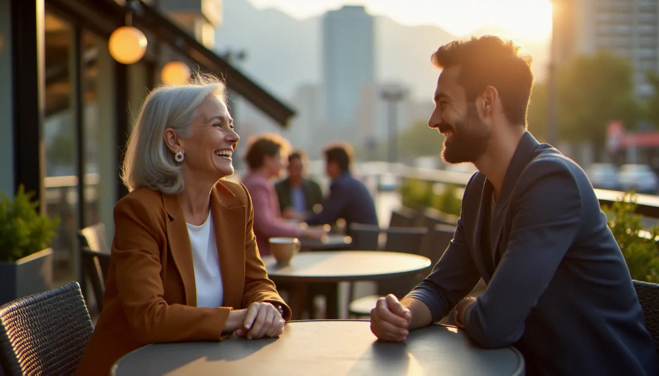Femme mûre épanouie et homme plus jeune en conversation animée à une terrasse de café canadienne, illustrant la complicité des rencontres intergénérationnelles