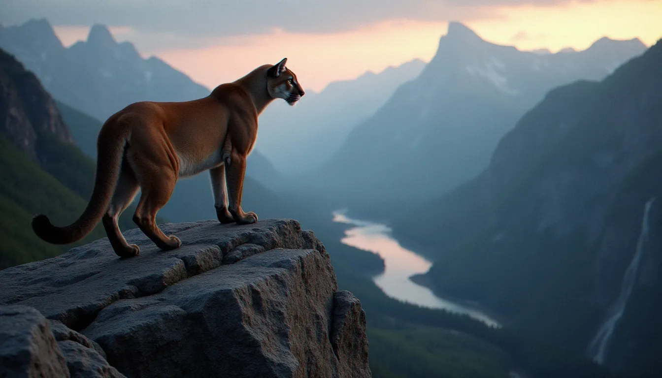 Lion des montagnes canadien majestueux au crépuscule sur un promontoire rocheux des Rocheuses, symbole de puissance et de liberté associé à l'image cougar canada