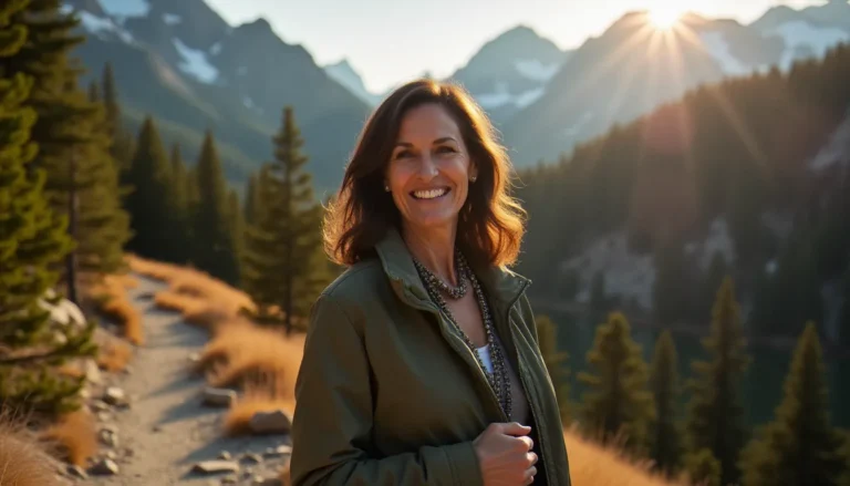 Femme mûre élégante et confiante sur un sentier de montagne canadien entouré de forêts de pins, incarnant l'esprit du lion montagne cougar canada