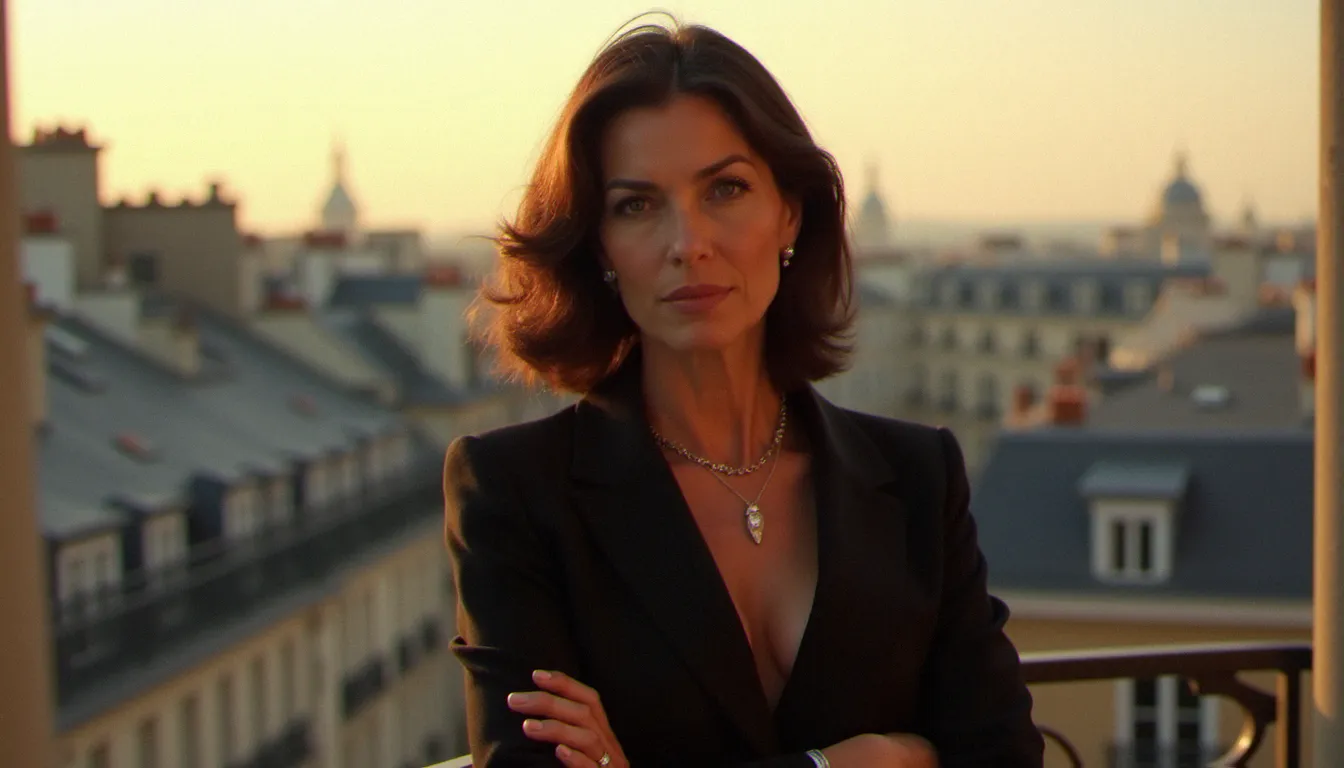 Femme mûre élégante sur un balcon parisien au coucher du soleil, incarnant le profil lion montagne cougar avec assurance et féminité naturelle