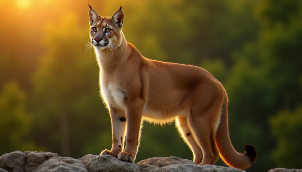 Puma femelle majestueuse sur un rocher au coucher du soleil, le mammifère décrit en 1771 par Schreber dans toute sa puissance tranquille