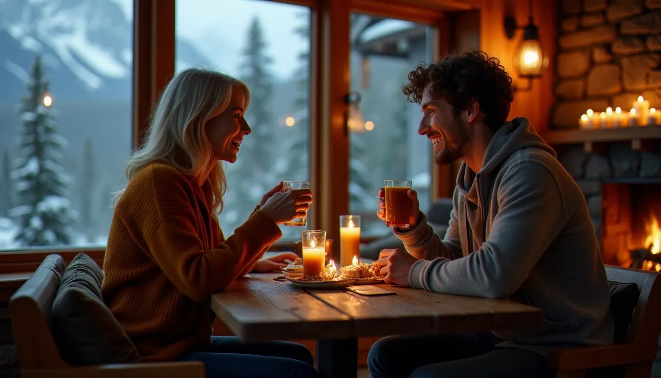 Femme mûre et jeune homme partageant un moment de complicité intime dans un chalet de montagne canadienne avec vue majestueuse sur les Rocheuses enneigées