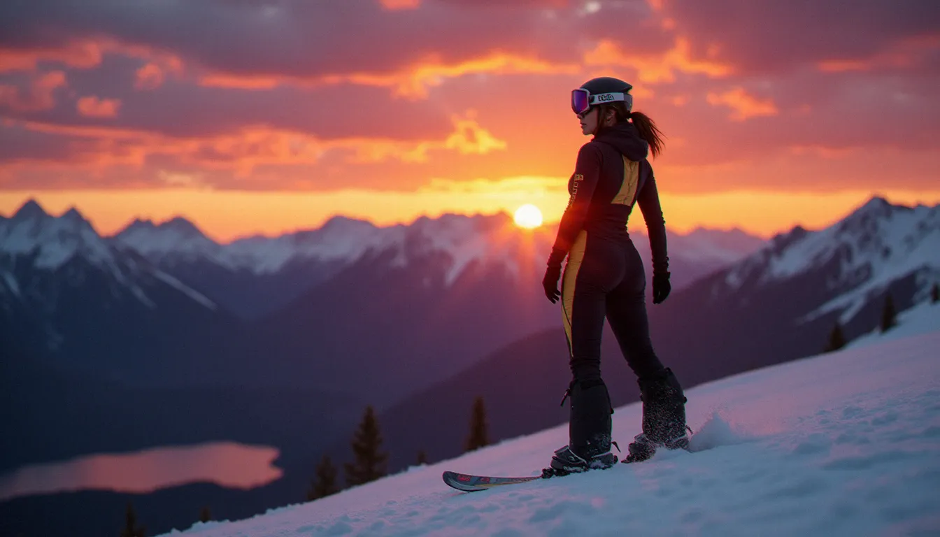 Femme séduisante en combinaison de ski sur les pistes de Banff au coucher du soleil, cadre emblématique de la montagne cougar Canada avec panorama saisissant sur les Rocheuses au crépuscule