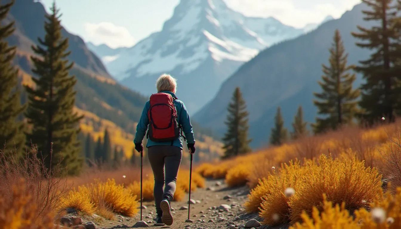 Femme mûre et sportive en randonnée solitaire dans un parc national canadien en automne, symbolisant la liberté et l'audace de la cougar en montagne au Canada