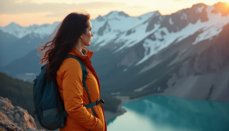 Femme mûre épanouie au sommet d'une montagne dans les Rocheuses canadiennes, incarnant la liberté et la confiance en soi associées à la cougar en montagne au Canada