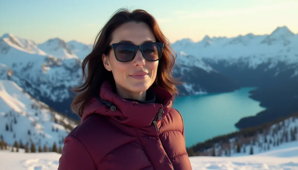 Femme élégante dans la quarantaine au sommet d'une montagne cougar Canada, paysage spectaculaire des Rocheuses en arrière-plan avec lac turquoise gelé illuminé par la lumière dorée