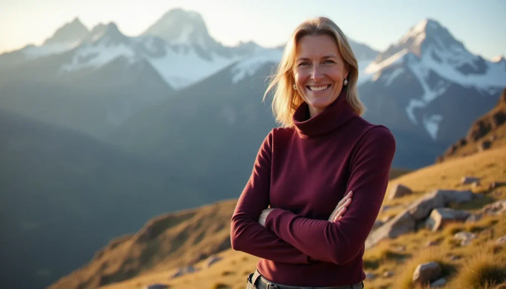 Femme mûre élégante et sûre d'elle au sommet d'un col alpin, incarnant l'esprit montagne cougar en pleine nature française