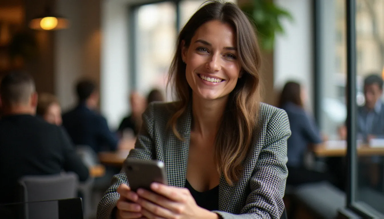 Femme d'une quarantaine d'années utilisant une application de rencontres géolocalisée pour trouver des rencontres cougar locales dans son quartier