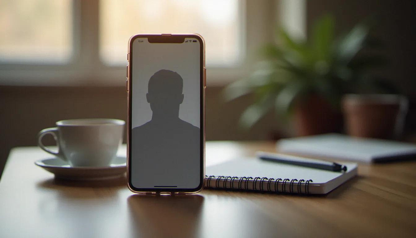 Téléphone affichant une interface d'application de rencontres floue, posé sur un bureau en bois avec ambiance lumineuse nordique