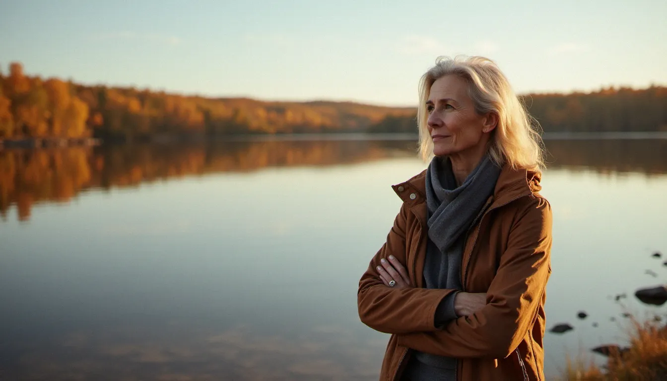 Femme mûre élégante au bord d'un lac en Abitibi-Témiscamingue, lumière dorée d'automne, regard confiant vers l'horizon