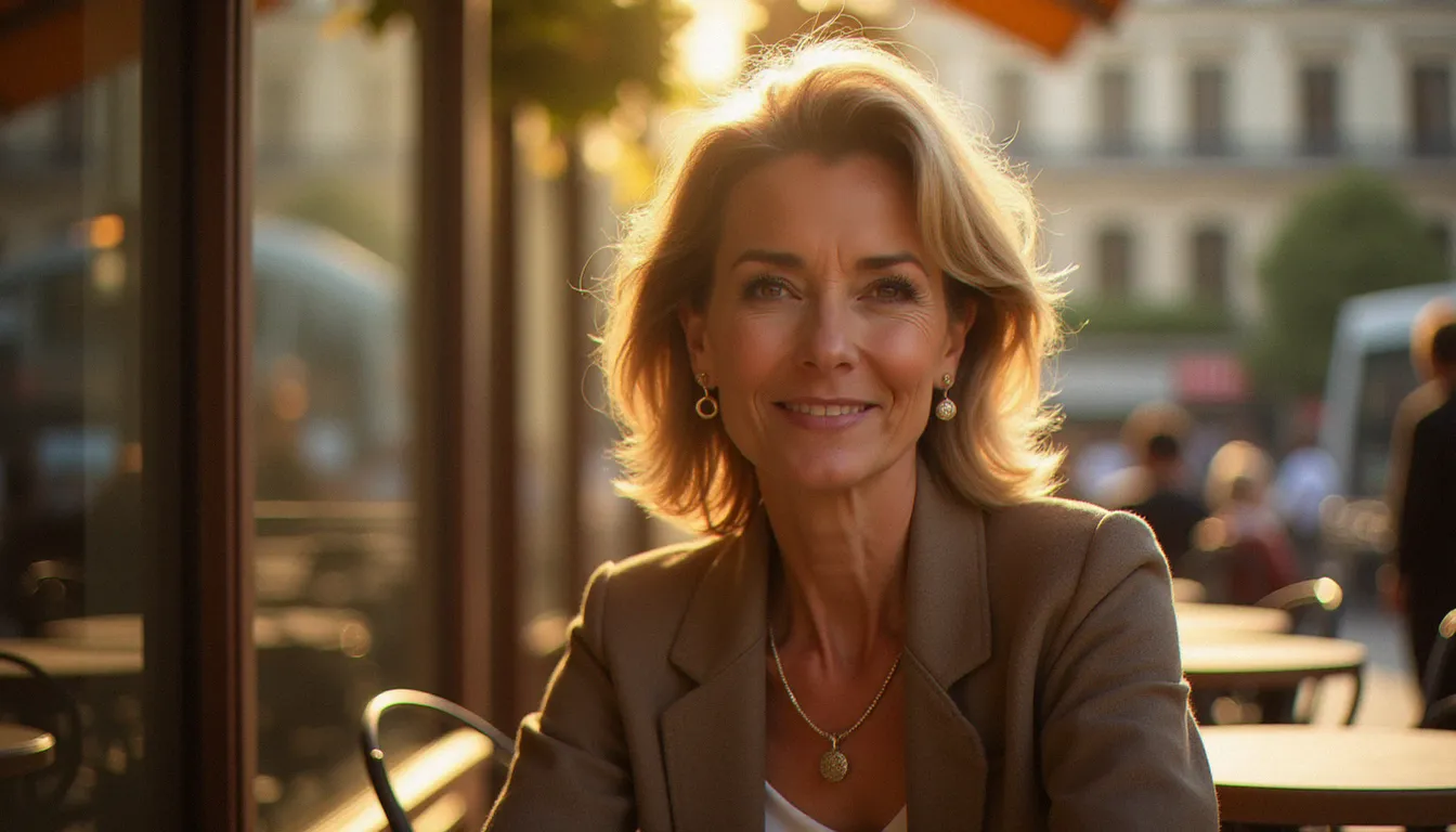 Femme mûre élégante et confiante attablée dans un café parisien, incarnant l'assurance naturelle évoquée par la symbolique de l'acinonychini