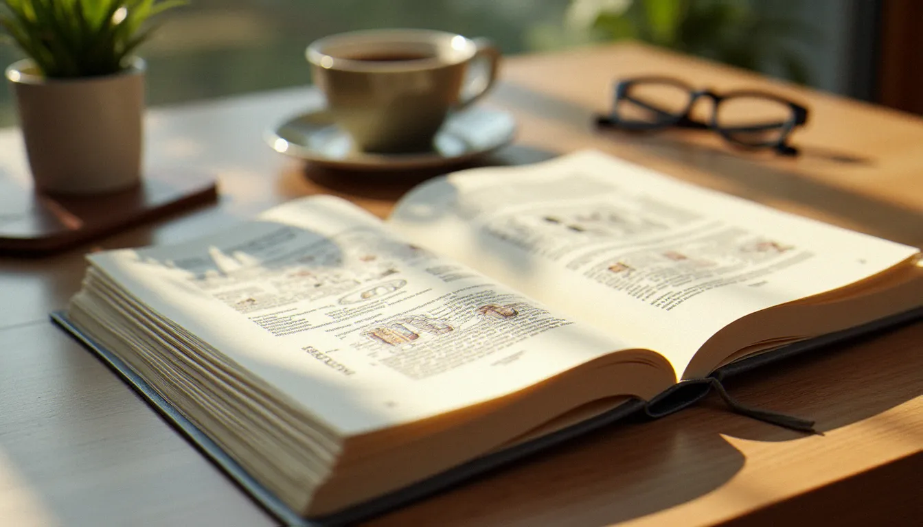 Manuel de biologie ouvert sur un schéma de l'ADN mitochondrial posé sur un bureau en bois avec une tasse de café, éclairage naturel