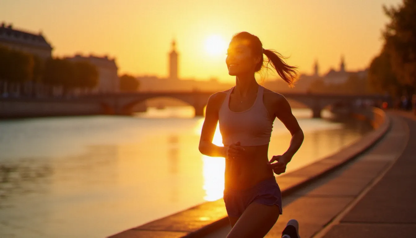 Femme d'une quarantaine d'années faisant son jogging matinal au bord de la Seine à Paris, lumière dorée du lever de soleil, silhouette de la ville en arrière-plan