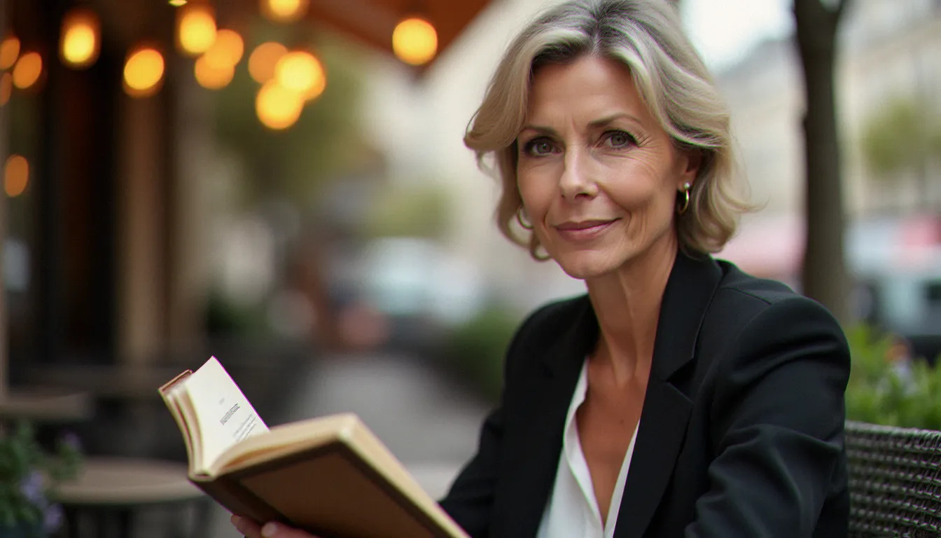 Femme mûre élégante à Paris lisant un livre sur l'ADN mitochondrial en terrasse de café, lumière dorée de fin d'après-midi