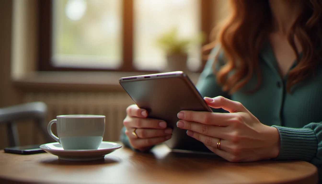 Mains élégantes d'une femme mûre naviguant sur une application de rencontres depuis un appareil connecté advanced micro devices