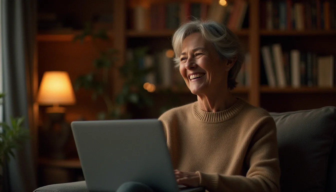 Femme mûre souriante en appel vidéo depuis son ordinateur portable, illustrant la séduction cougar facilitée par les advanced micro devices