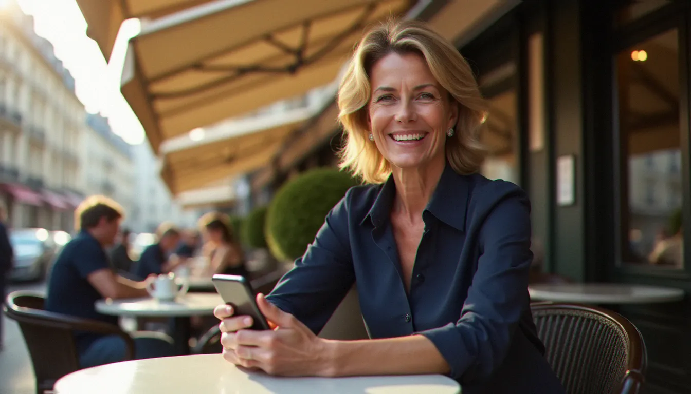 Femme mûre élégante à Paris utilisant un advanced micro device dans un café ensoleillé pour ses rencontres cougar