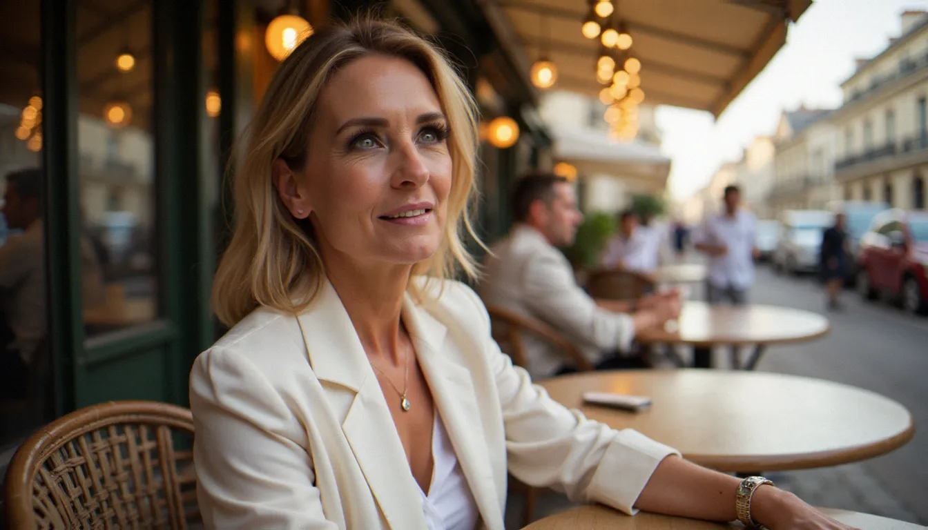 Femme mûre élégante attablée à une terrasse parisienne, incarnant la confiance et le charme de l'agouti moderne