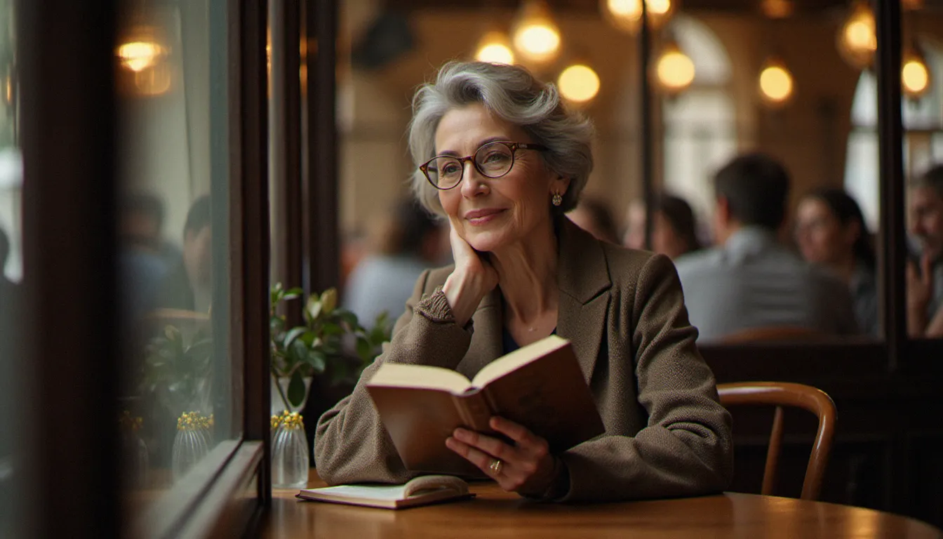 Femme mûre élégante lisant dans un café parisien, incarnant la confiance et la sérénité inspirées par les personnages féminins forts de l'univers d'Albert Uderzo