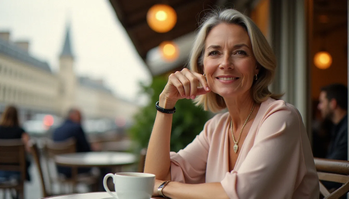 Femme mûre élégante assise à la terrasse d'un café parisien, illustrant la confiance en soi liée à l'expérience de l'allaitement et de la maternité