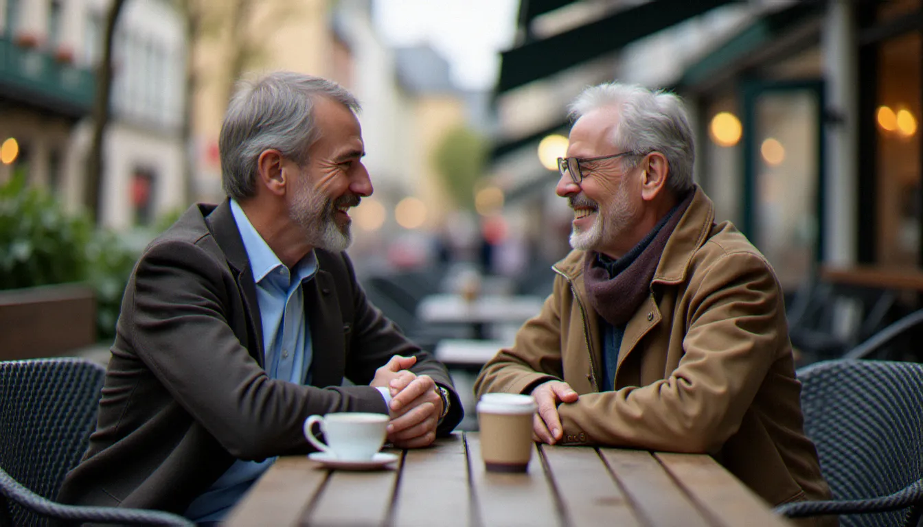 Deux adultes de générations différentes en conversation détendue à une terrasse allemande, illustrant la complicité dans les rencontres intergénérationnelles