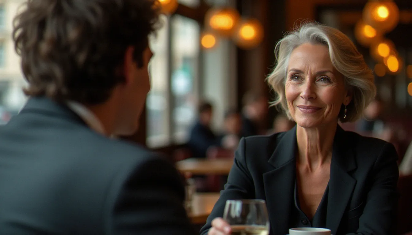 Femme mûre élégante dans un café parisien face à un homme plus jeune, illustrant les rencontres cougar entre la France et l'Allemagne